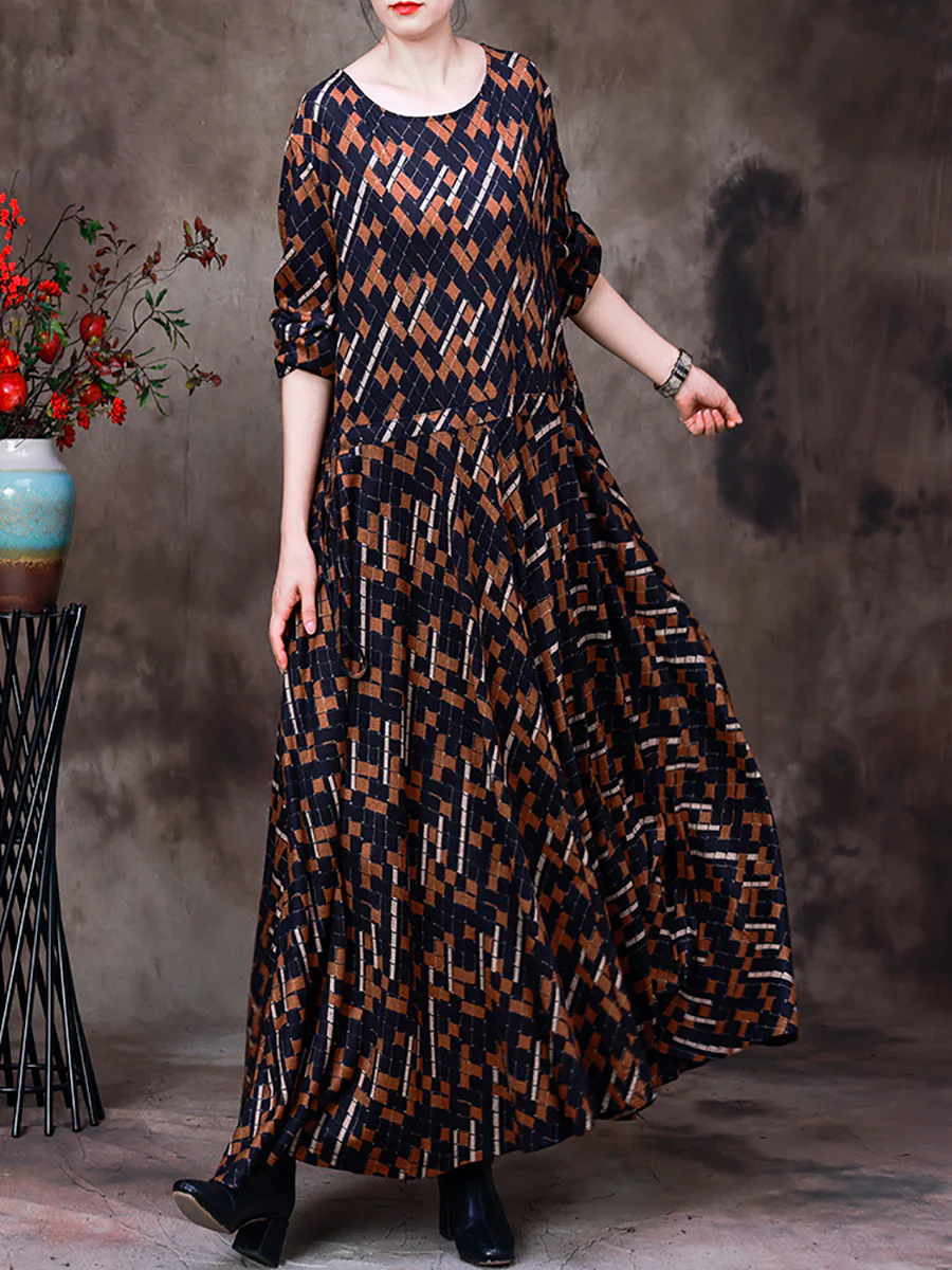 Plus Size Women Vintage Irregular Plaid Large Hemline Long Dress - Image 8