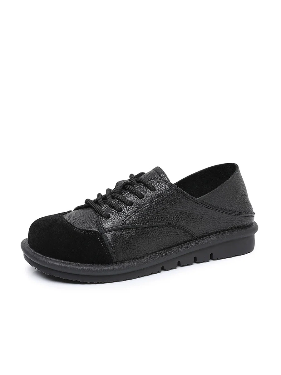 Women Vintage Leather Spliced Strap Flat Shoes - Image 10