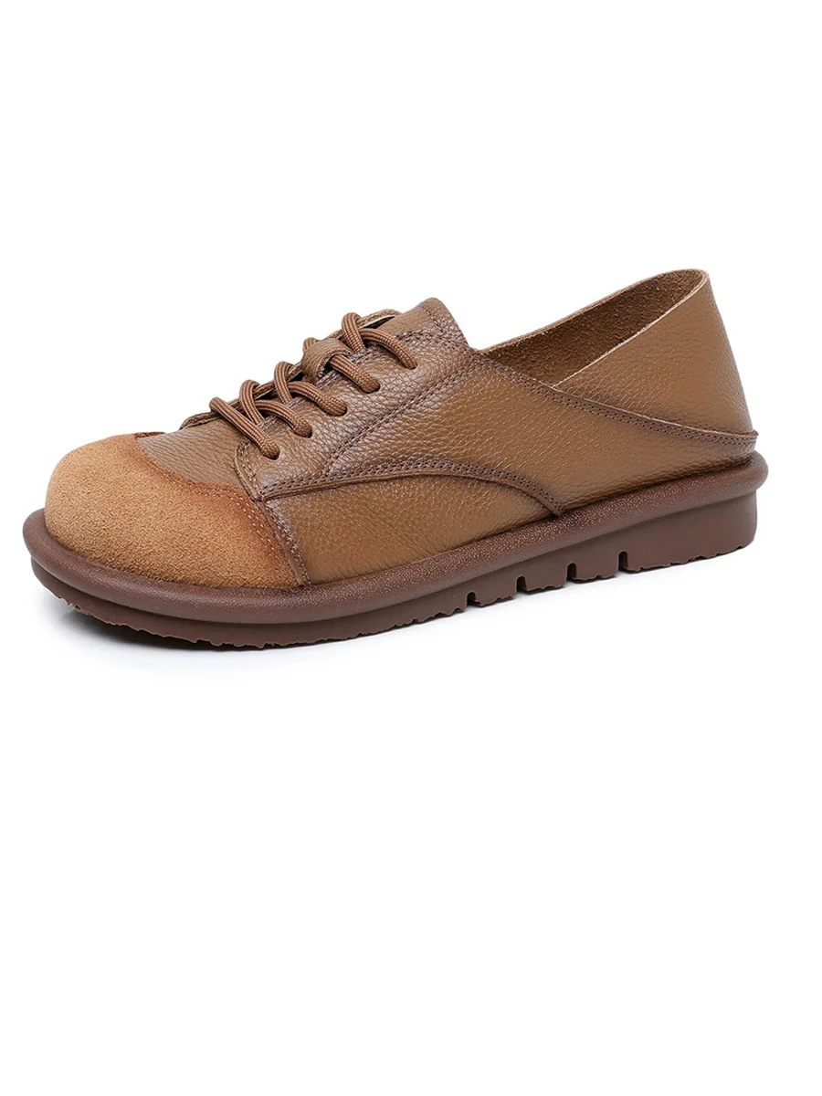 Women Vintage Leather Spliced Strap Flat Shoes - Image 12