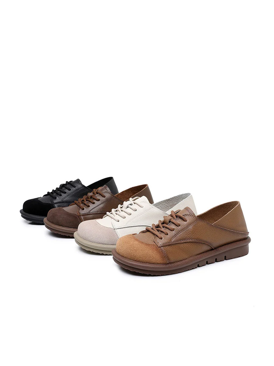 Women Vintage Leather Spliced Strap Flat Shoes - Image 13