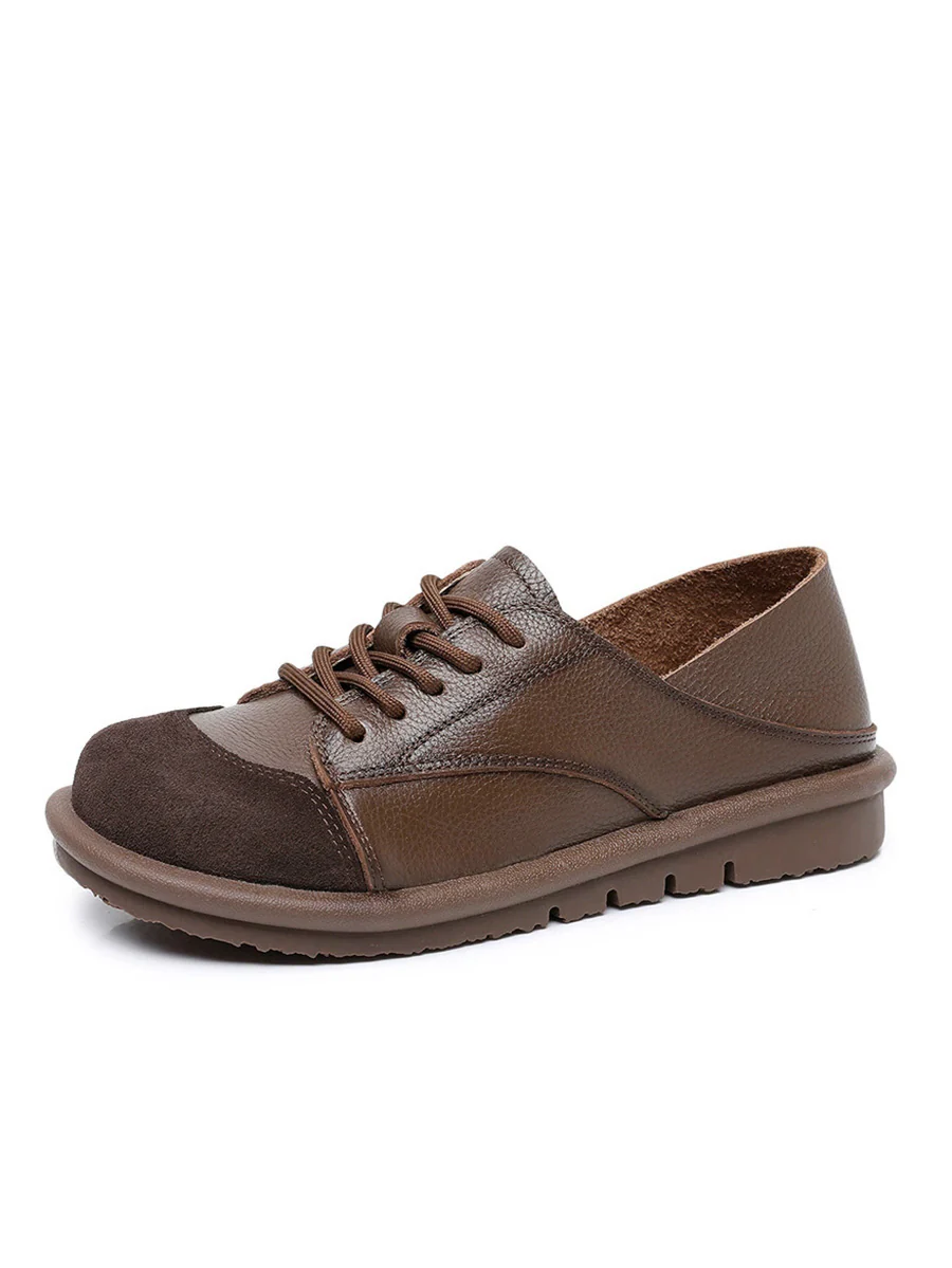 Women Vintage Leather Spliced Strap Flat Shoes - Image 14