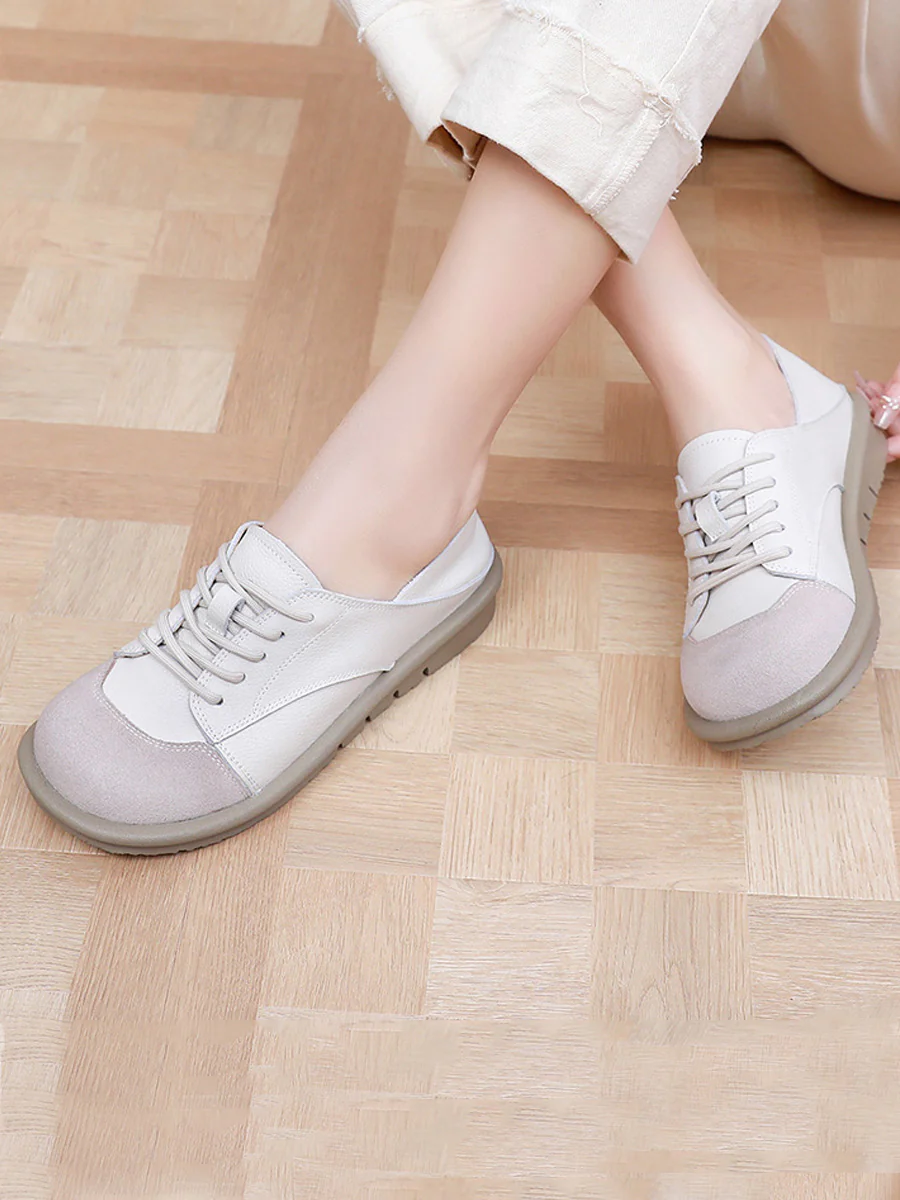 Women Vintage Leather Spliced Strap Flat Shoes - Image 3