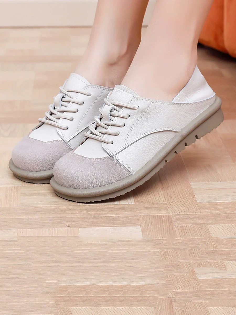 Women Vintage Leather Spliced Strap Flat Shoes - Image 5