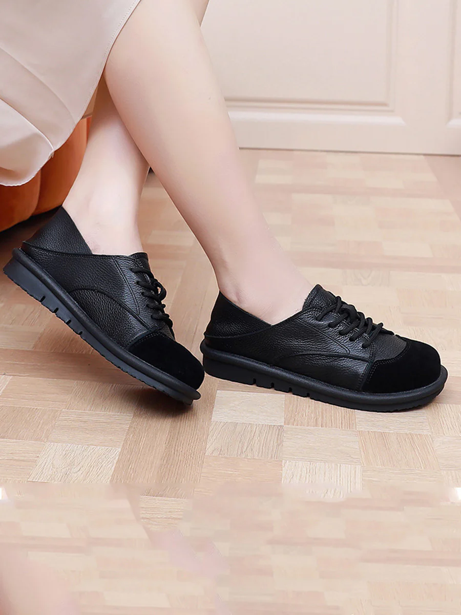 Women Vintage Leather Spliced Strap Flat Shoes - Image 6