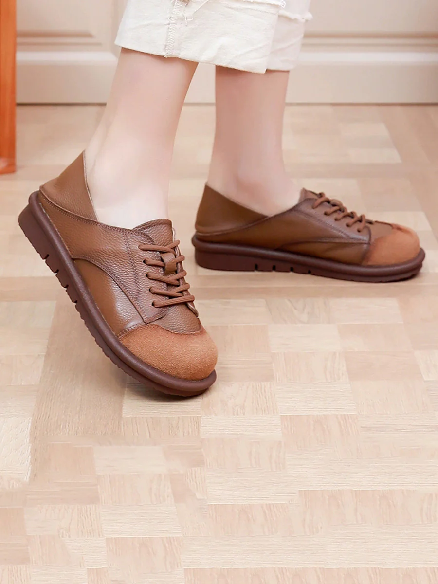 Women Vintage Leather Spliced Strap Flat Shoes - Image 7