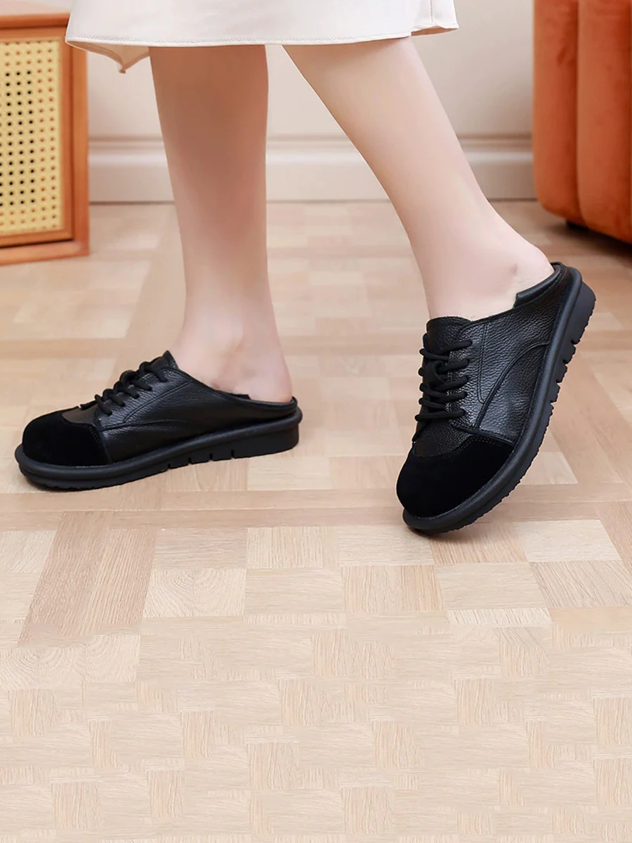 Women Vintage Leather Spliced Strap Flat Shoes - Image 9