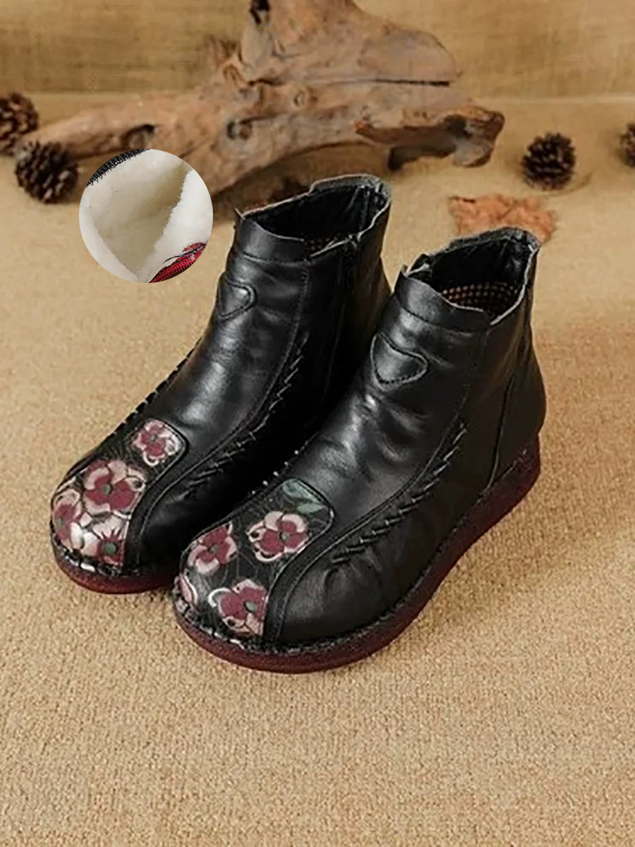 Women Winter Artsy Flower Leather Spliced Ankle Boots - Image 3