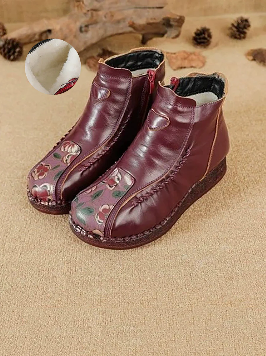 Women Winter Artsy Flower Leather Spliced Ankle Boots - Image 5