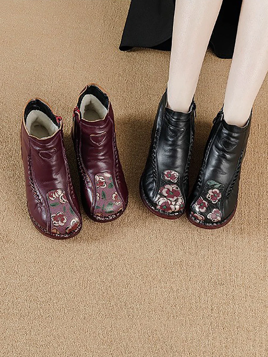 Women Winter Artsy Flower Leather Spliced Ankle Boots - Image 7