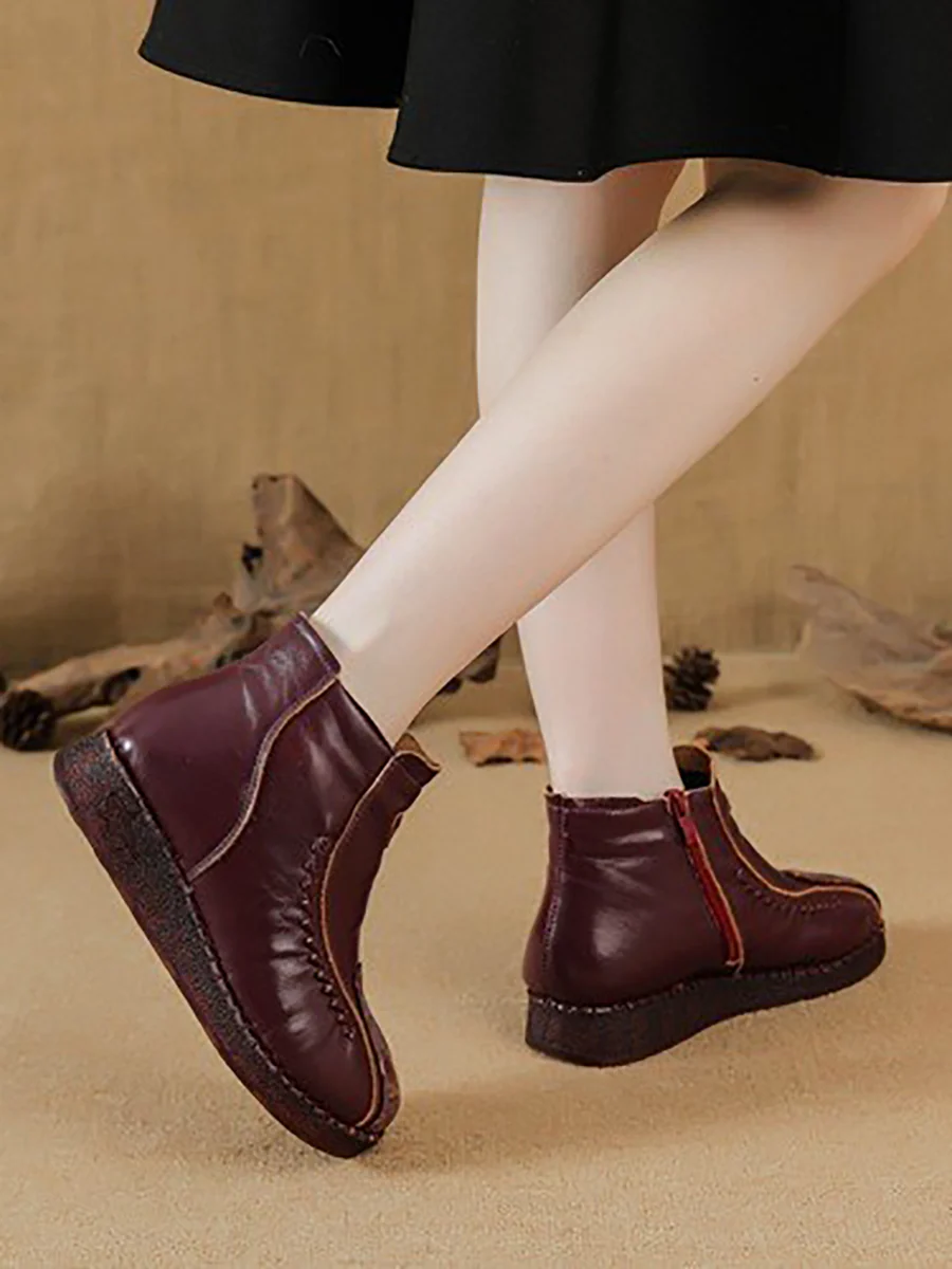 Women Winter Artsy Flower Leather Spliced Ankle Boots - Image 8