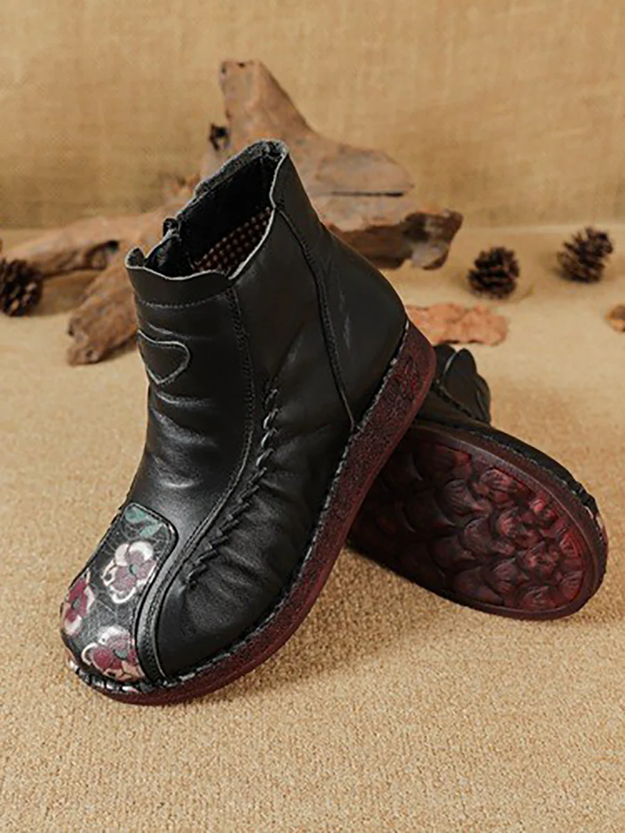 Women Winter Artsy Flower Leather Spliced Ankle Boots - Image 9