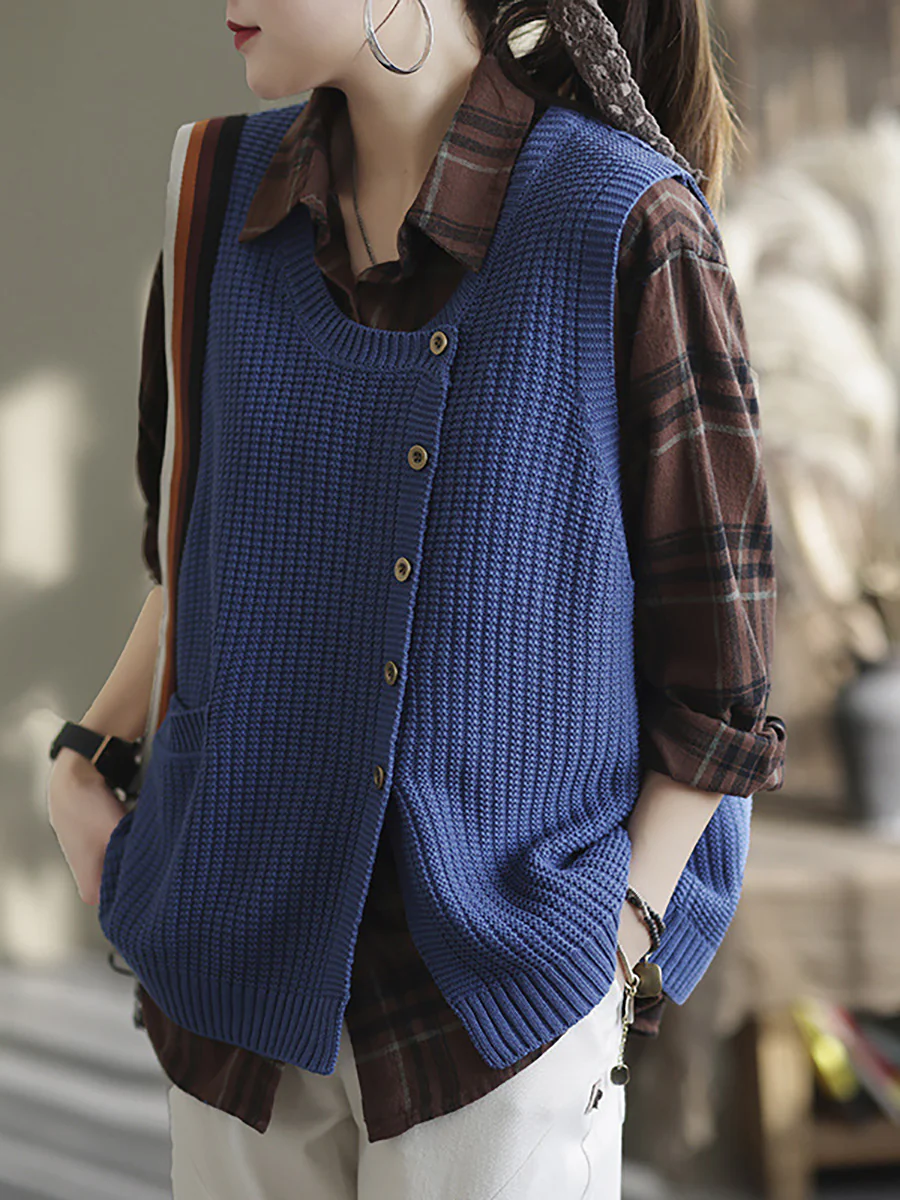 Plus Size Women Knitted Button Vest Waistcoat Sweater - Image 3