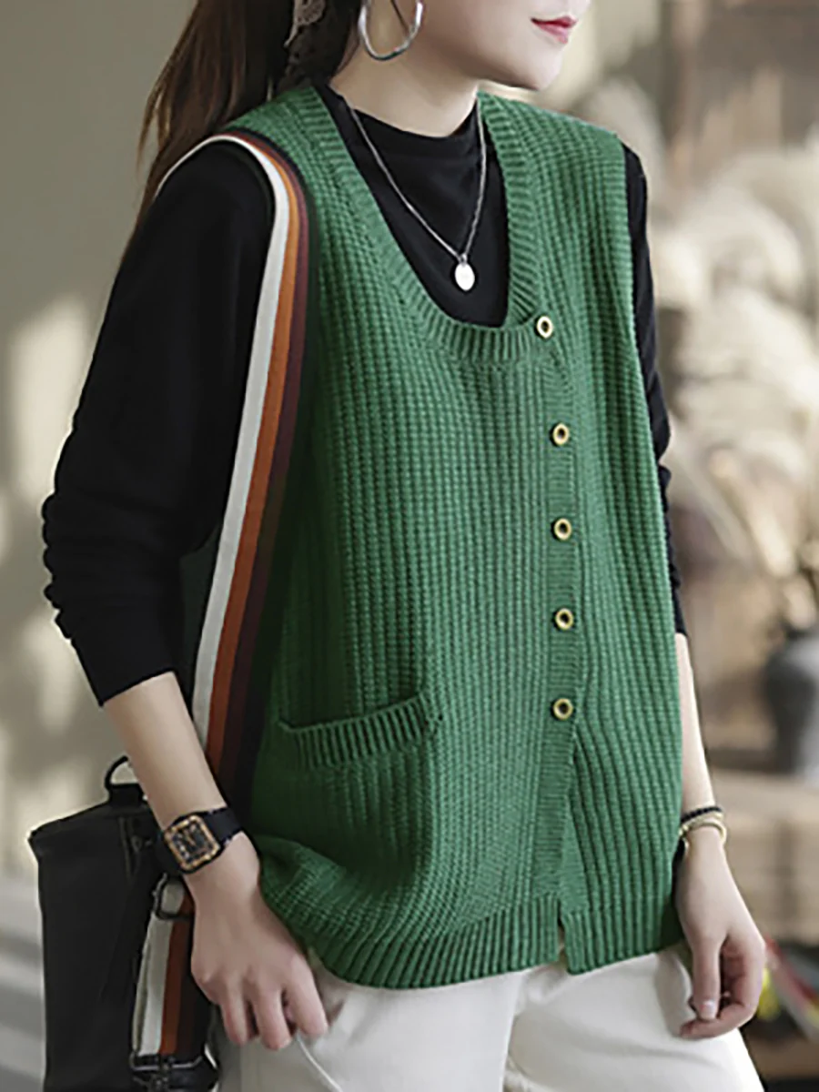 Plus Size Women Knitted Button Vest Waistcoat Sweater - Image 6