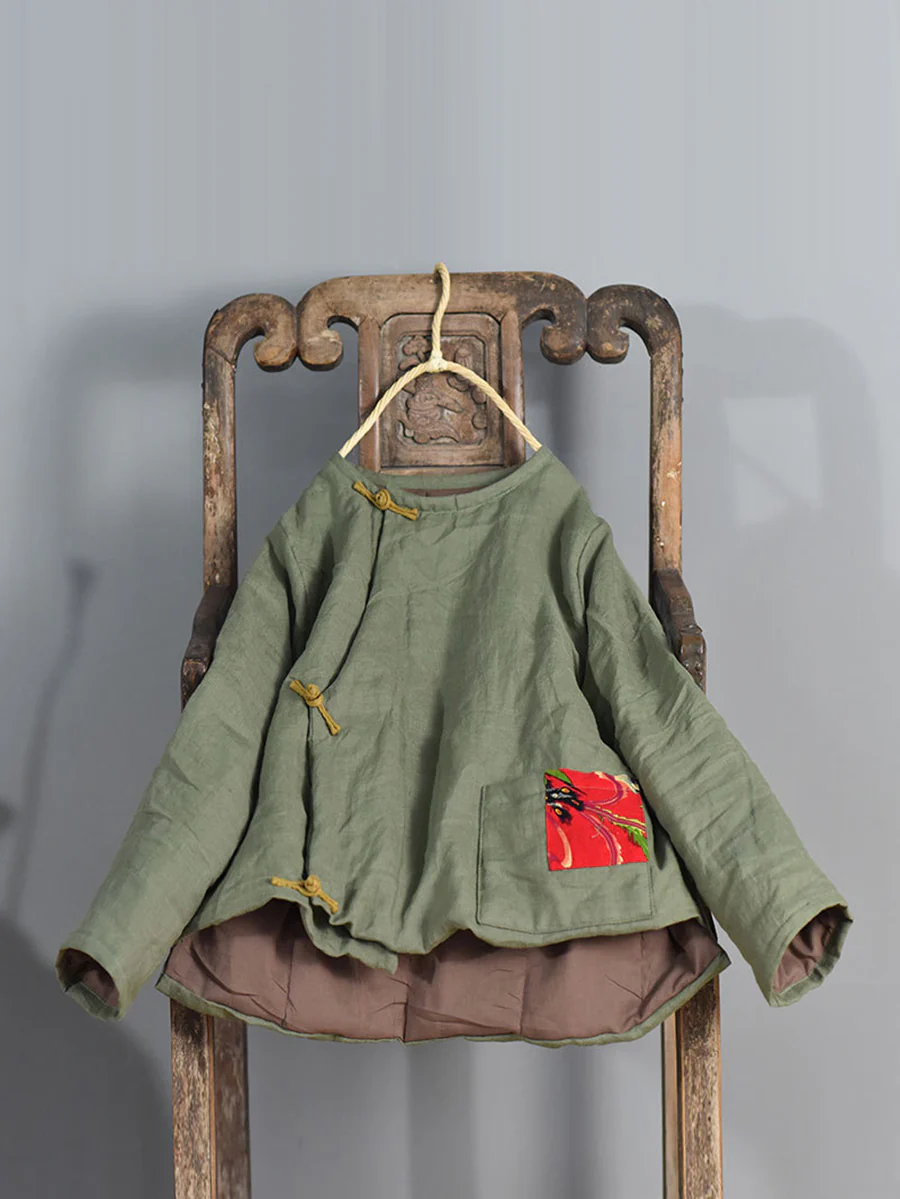 Women Winter Retro Patch O-Neck Ramie Padded Coat - Image 14