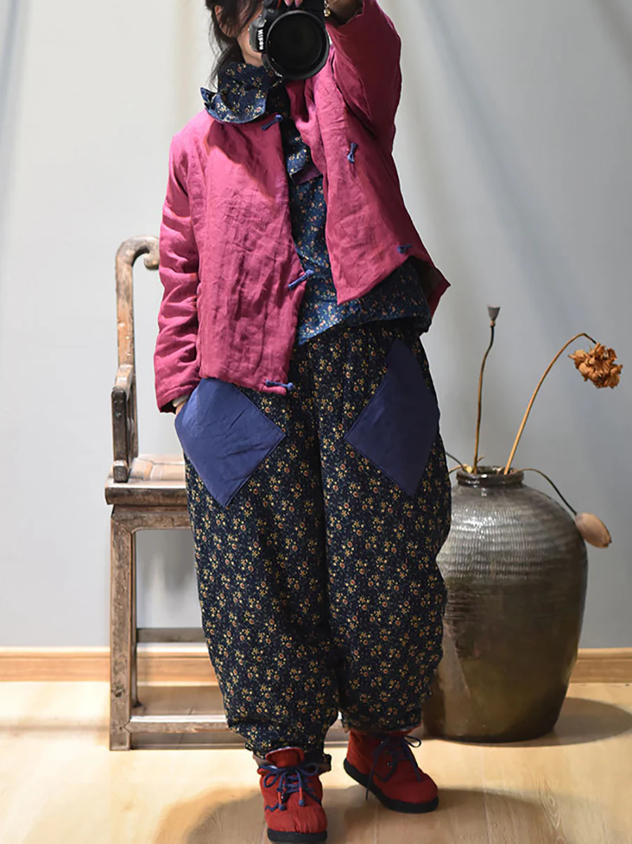 Women Winter Retro Patch O-Neck Ramie Padded Coat - Image 6