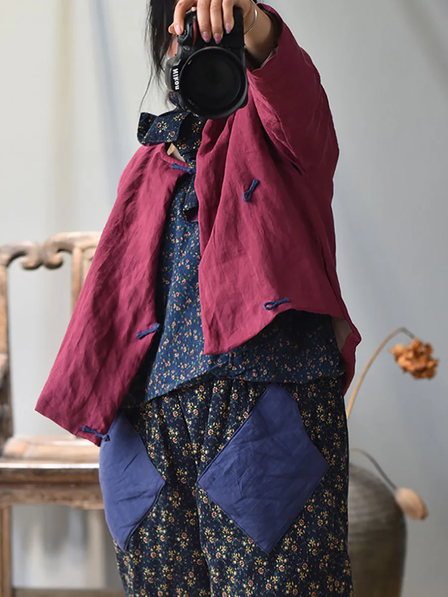 Women Winter Retro Patch O-Neck Ramie Padded Coat - Image 7