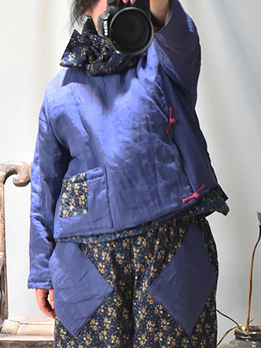 Women Winter Retro Patch O-Neck Ramie Padded Coat - Image 8
