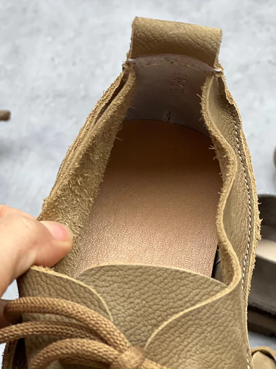Worn Leather Spliced Drawstring Solid Soft Shoes - Image 10
