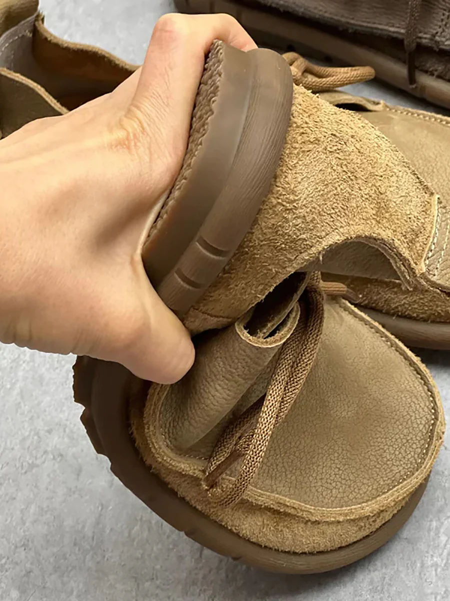 Worn Leather Spliced Drawstring Solid Soft Shoes - Image 11