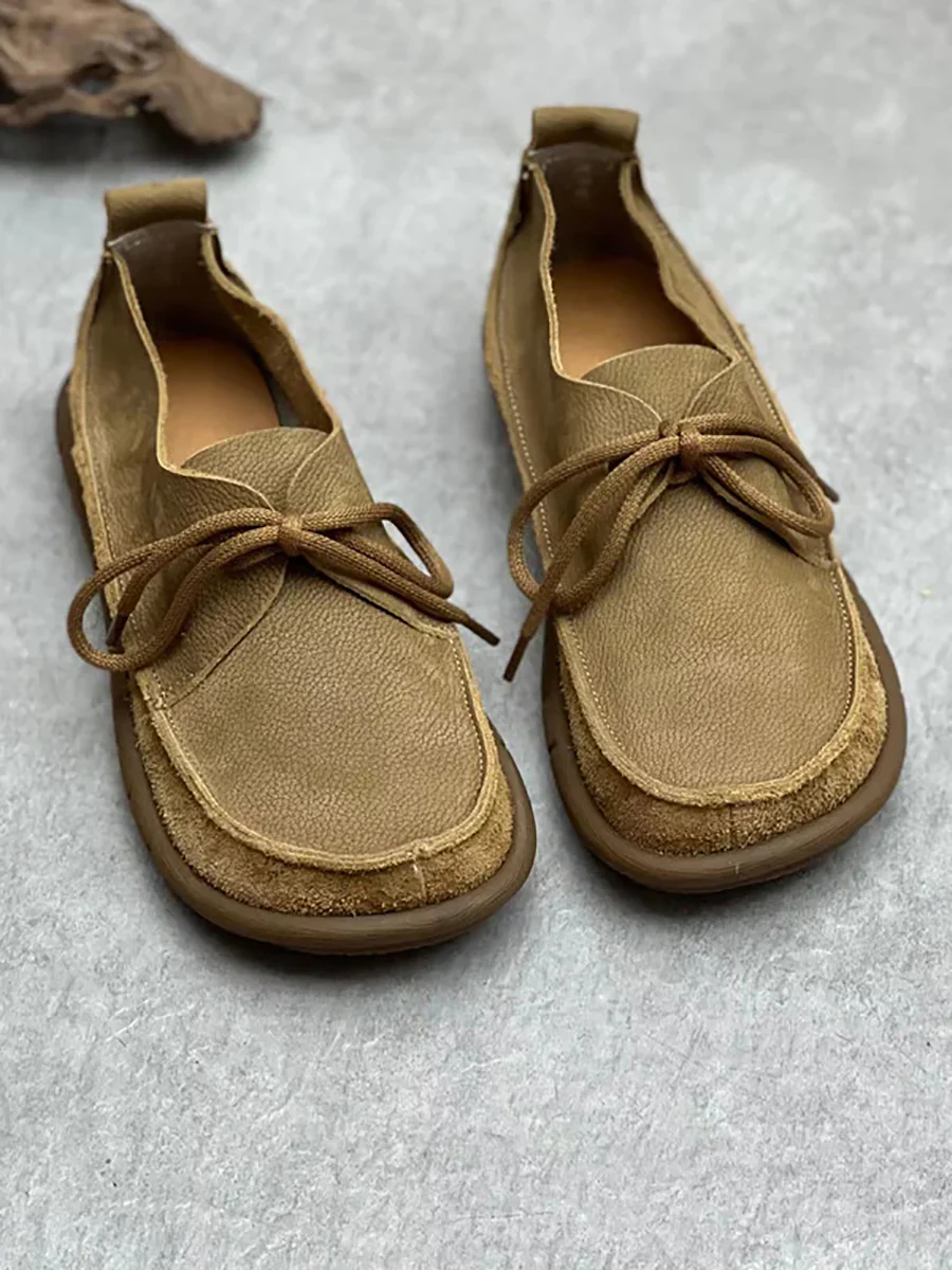 Worn Leather Spliced Drawstring Solid Soft Shoes - Image 3