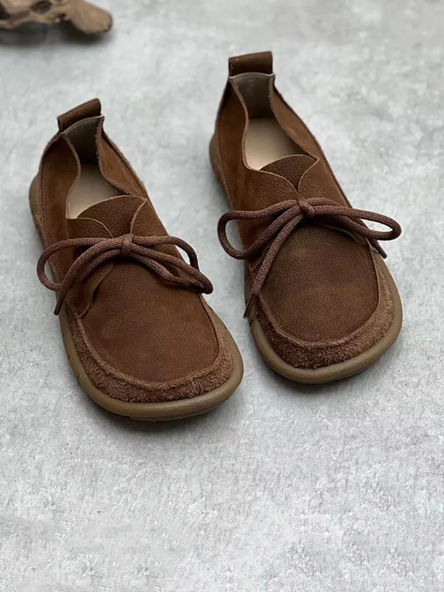 Worn Leather Spliced Drawstring Solid Soft Shoes - Image 4