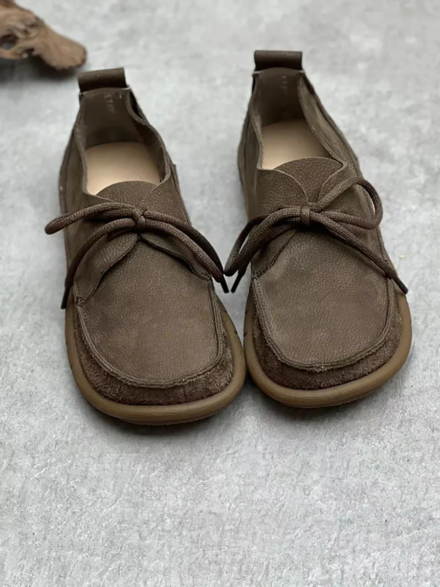 Worn Leather Spliced Drawstring Solid Soft Shoes - Image 5