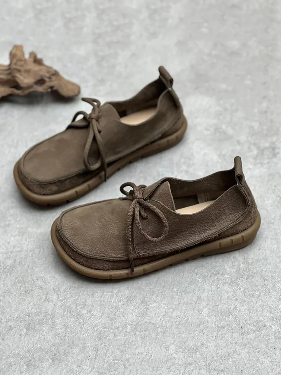 Worn Leather Spliced Drawstring Solid Soft Shoes - Image 6