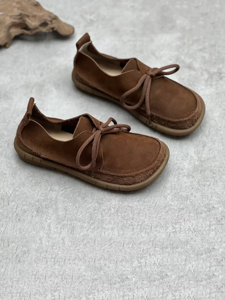 Worn Leather Spliced Drawstring Solid Soft Shoes - Image 7