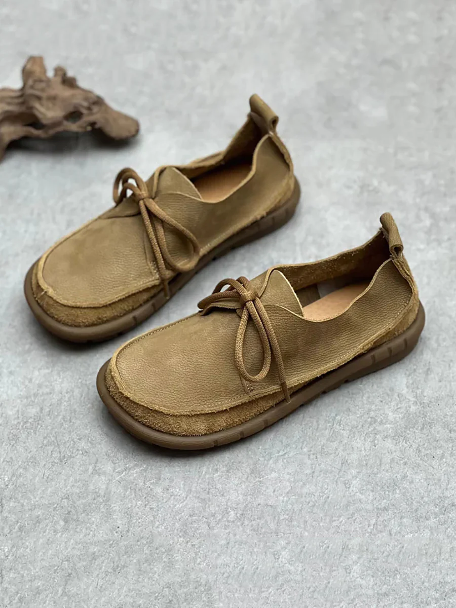 Worn Leather Spliced Drawstring Solid Soft Shoes - Image 8