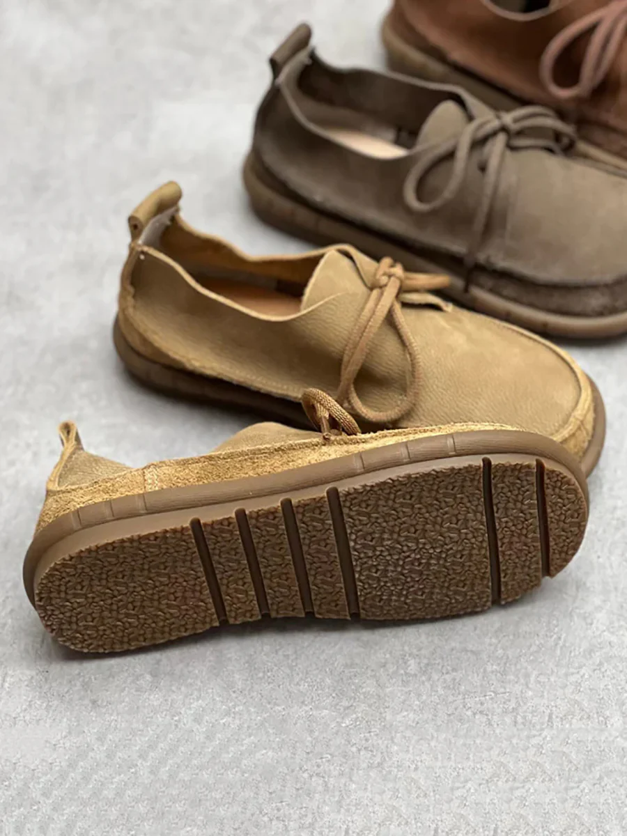 Worn Leather Spliced Drawstring Solid Soft Shoes - Image 9